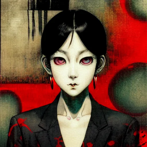 Image similar to yoshitaka amano blurred and dreamy realistic three quarter angle horror portrait of a sinister young woman with short hair, big earrings and red eyes wearing office suit with tie, junji ito abstract patterns in the background, satoshi kon anime, noisy film grain effect, highly detailed, renaissance oil painting, weird portrait angle, blurred lost edges