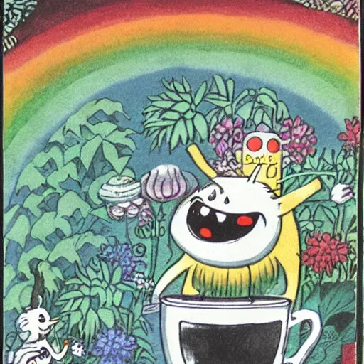 Image similar to highly detailed illustration of friendly monsters laughing and dancing around beautiful steaming cups of coffee, amongst coffee beans and flowers, and rainbows in the style of Japanese illustration, Maurice Sendak, Tove Jansson