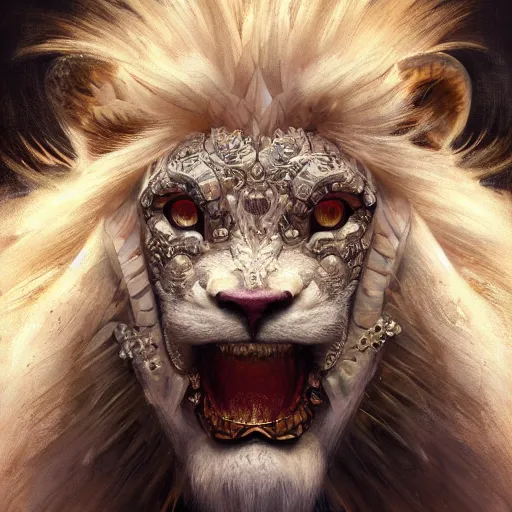 Prompt: a photorealistic dramatic fantasy render of a muscular albino male furry anthro lion wearing a beautiful intricately detailed japanese white snake kitsune mask and clasical japanese kimono by wlop, artgerm, greg rutkowski, alphonse mucha, beautiful dynamic dramatic dark moody lighting, shadows, cinematic atmosphere, artstation, concept design art, octane render, 8 k