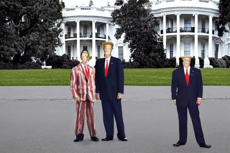 Prompt: Beavis and Butthead in front of the white house, as becoming the new presidents of the USA, press photo, HDR,