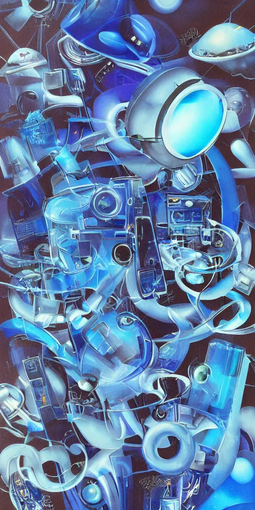 surreal airbrush painting of Cyber y2k aesthetic blue