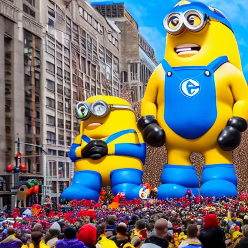 Prompt: photo of giant muscular minion parade float in the macys thanksgiving parade, detailed 4 k photo