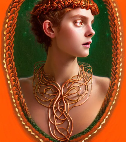 Image similar to portrait of teenage medusa, snake hair, naughty smile, wearing an embroidered orange tunic, intricate, elegant, copper and emerald jewelry, glowing lights, highly detailed, digital painting, artstation, concept art, smooth, sharp focus, seductive illustration, art by wlop, mucha, artgerm, and greg rutkowski