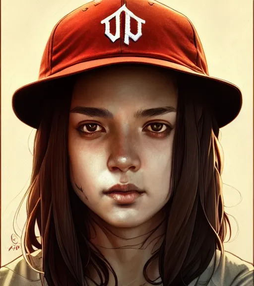 Prompt: symmetry ( clementine from the walking dead wearing her iconic baseball hat portrait ) ultra detailed, intricate, anime, dynamic lighting, digital art, digital painting, art station, wlop, sharp focus, illustration, art by artgerm and greg rutkowski and alphonse mucha