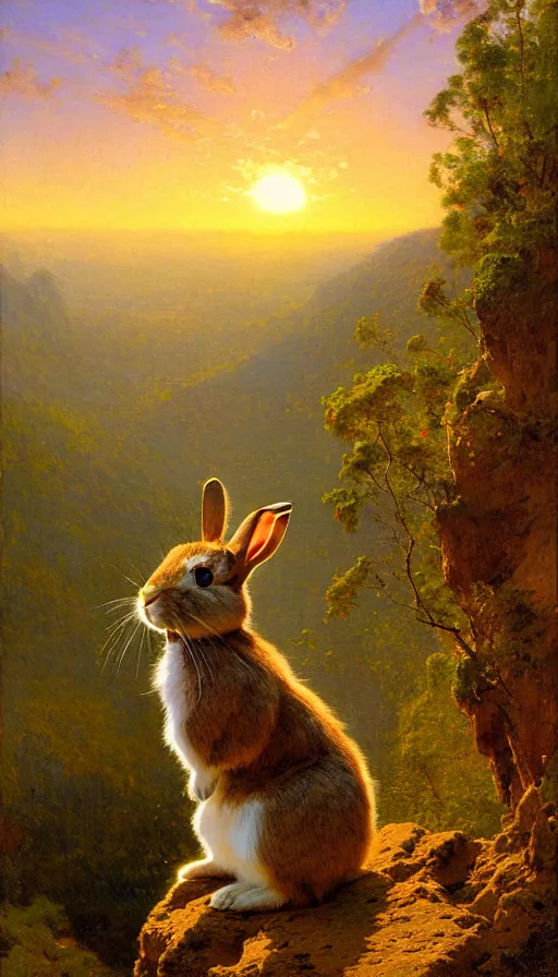 Image similar to hyper realistic rabbit looking off of a cliff, sun setting behind rabbit, lush forest in valley below, painted by gaston bussiere, craig mullins, j. c. leyendecker 8 k