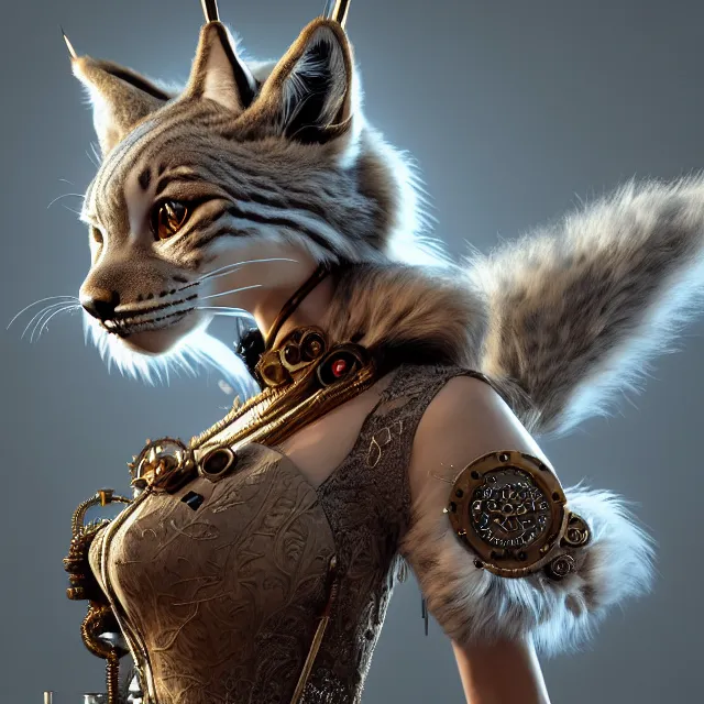 Image similar to the portrait of anthropomorphic lynx fursona wearing a steampunk dress as unimaginably beautiful, gorgeous, elegant, young lynx, an ultrafine hyperdetailed illustration by kim jung gi, irakli nadar, intricate linework, white fur, unreal engine 5 highly rendered, global illumination, radiant light, detailed and intricate environment