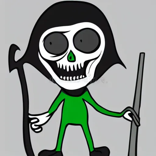 Image similar to cute cartoon drawing of a grim reaper with childish proportions holding a scythe, big head, big eyes, skull head, vector illustration, style of disney animation