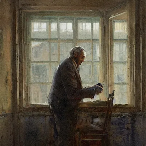 Prompt: a disheveled old disbarred lawyer in the 1 9 8 0 s boarded up in his messy rundown long island house, isolated alone on a typewriter feverishly typing out paranoid lunatic rants, detailed artstation marc simonetti ilya nazarov oil on canvas shimmer