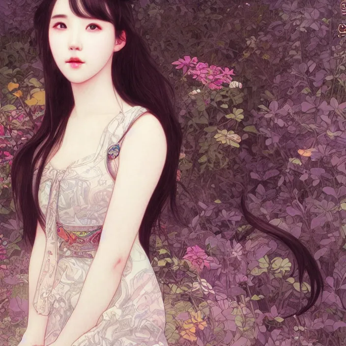 Image similar to IU, Korean Idol, KoreN Artist, very detailed, digital art, concept art, studio quality, ethereal, art style by Alphonse Mucha