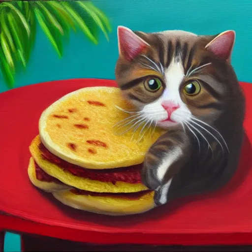 Image similar to A cute cat eating a Venezuelan arepa in the sun, detailed oil painting 4k