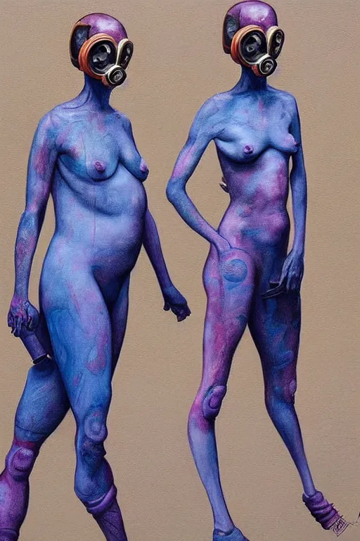 Image similar to a surreal frances bacon and james jean painting of two skinny fleshy figures, with extra limbs wearing ornate gas masks and clothed in purple and blue, walking down a city street, full view, concept art, horror art, extremely high details, hyper realistic high quality