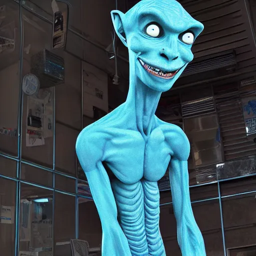 Image similar to tall blue alien is caught on security camera 8 k hdr hi res realistic super detailed pic