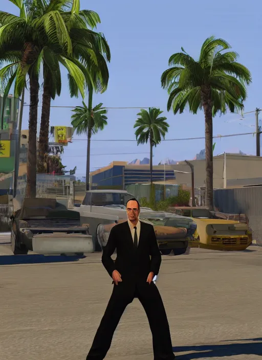 Image similar to saul goodman from better call saul in gta v los santos in background, palm trees. in the art style of stephen bliss.