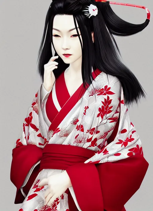 Prompt: character design, red and white kimono, samurai, dark long hair, princess cut hairstyle ， beautiful, elegant, symmetrical face, long legs, regular feet, big katana, full body, wisteria trees, realistic, uhd, unreal engine, detailed