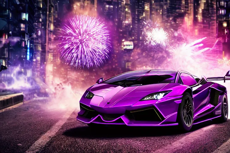 Image similar to hyper detailed purple lamborghini transformer, racing down a cyberpunk city street background, explosion background, fireworks 8 k photograph, dramatic lighting,