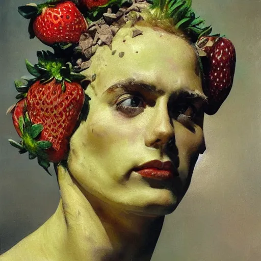 Image similar to a sculpture portrait made of candys and strawberries and melted chocolate and plants, painting part by wojciech siudmak, part by ilya repin, part by max ernst, part by norman rockwell, artstation