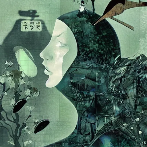 Image similar to a naive woman with a memory that survives the reset of the world, and a small robot bird on her shoulder, collage artwork by dave mckean and yoshitaka amano