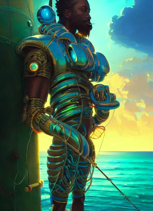 Image similar to portrait of a jamaican fisherman sci - fi glowing fishing armor muscular cyberpunk intricate elegant highly detailed digital painting artstation concept art, ocean background, jamaican colors, cinematic, greg rutkowski, loish, rhads, ferdinand knab, makoto shinkai and lois van baarle, ilya kuvshinov, rossdraws, tom bagshaw