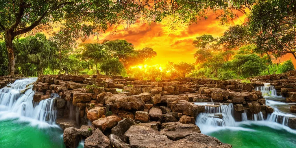 Image similar to ancient forest stone brick temple with a waterfall and colorful tropic mango trees, banana trees, orange trees, papaya trees, sunset, high definition, high detail, photorealisitc, 8k,