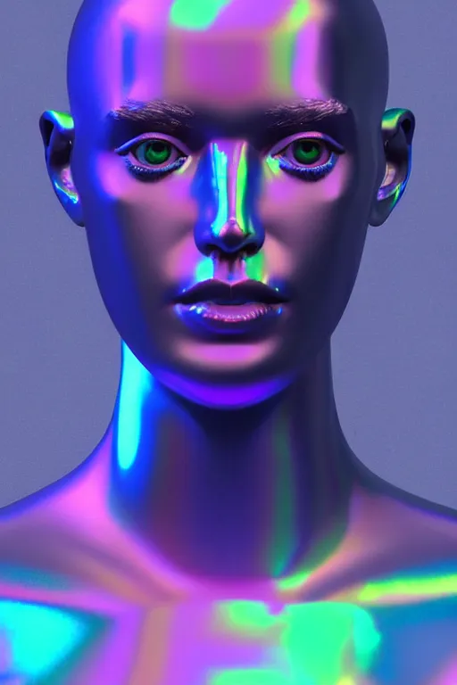 Image similar to 3d render of holographic human robotic bust made of glossy iridescent, bust, surrealistic 3d illustration of a human non-binary, non binary model, 3d model human, cryengine, made of holographic texture, holographic material, holographic rainbow, concept of cyborg and artificial intelligence