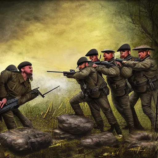 Image similar to putin with firearms, fighting in trenches somewhere in ukraine, highly detailed digital painting