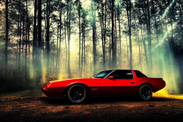 Image similar to pontiac firebird with glowing paint, sunrise, eerie light, fireflies, dramatic, cinematic, forest, sunbeams, volumetric lighting, wide shot, low angle, lightning hitting the car