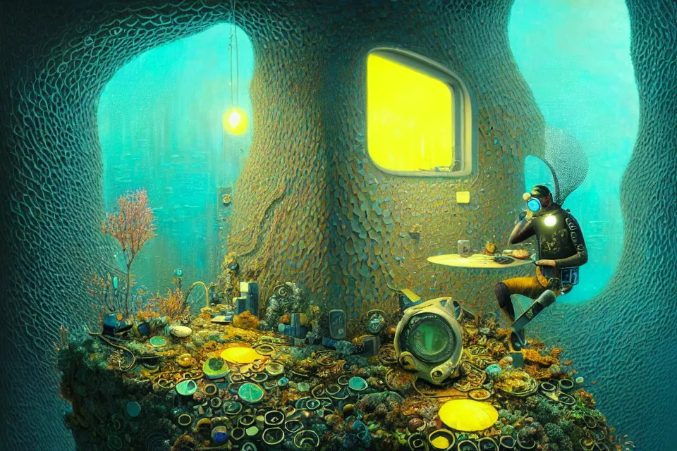 Image similar to gediminas pranckevicius detailed portrait of a cyberpunk scuba diver inside a coral dmt lsd acid caustics volumetric light octane render portal by james r eads and tomasz alen kopera