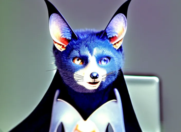 Image similar to a blue - and - black male catbat fursona with blue / green heterochromatic eyes ( differently - colored eyes, one eye green, one eye blue ) and huge bat ears, photo of the catbat streaming on his computer