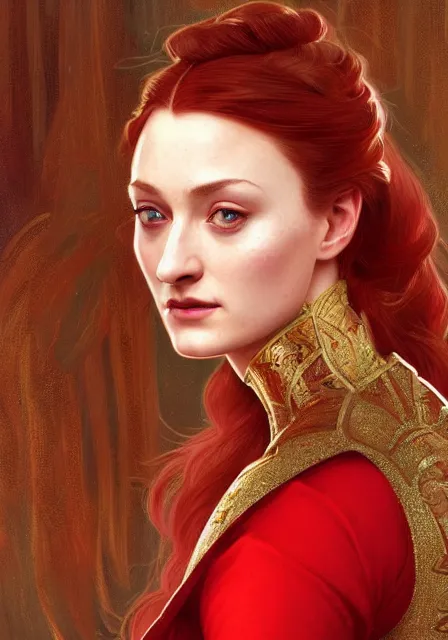 Prompt: sansa stark in red and gold, intricate, elegant, highly detailed, digital painting, artstation, concept art, smooth, sharp focus, illustration, art by artgerm and greg rutkowski and alphonse mucha and william - adolphe bouguereau