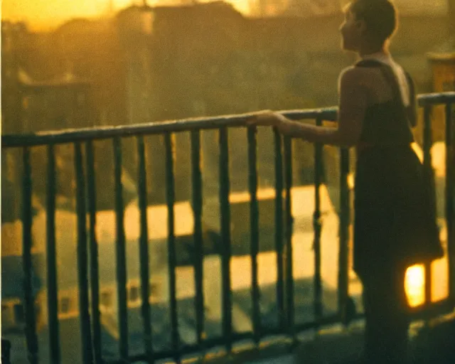 Image similar to lomo photo of pair standing on small hrushevka balcony full with cigarette smoke in small russian town looking at sunset, cinestill, bokeh