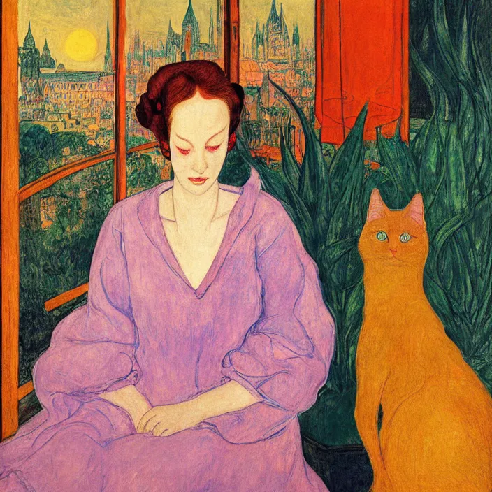 Prompt: close portrait of woman in night gown with cat and aloe vera, with city with gothic cathedral seen from a window frame with curtains. sun through the clouds, vivid iridescent colors. agnes pelton, egon schiele, henri de toulouse - lautrec, utamaro, monet