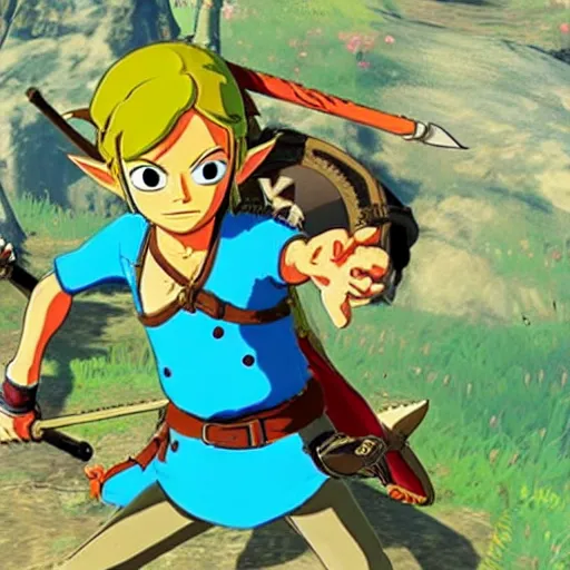 Image similar to a screencap of the legend of zelda breath of the wild, of one piece's luffy in breath of the wild