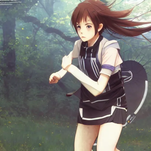 Image similar to a girl is running, sport clothing, sword art online, anime style, brown short hair, hair down, symmetrical facial features, from arknights, hyper realistic, rule of thirds, extreme detail, detailed 4 k drawing, trending pixiv, realistic lighting, by alphonse mucha, greg rutkowski, backlit