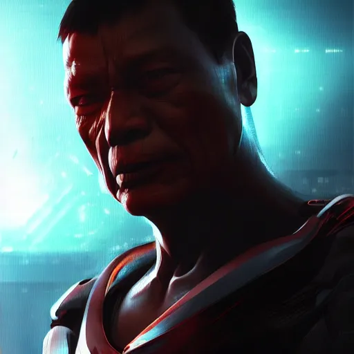 Prompt: duterte is an android with red eyes, cybernetic, artstation, by greg rutkowski, realistic, 4k, octane render,