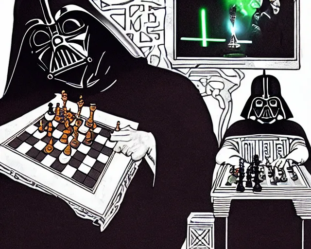 Image similar to darth vader playing chess with a witch lord voldemort