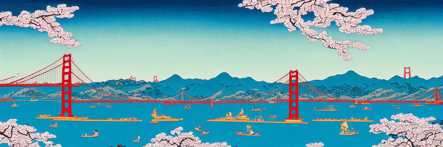 Prompt: awe-inspiring ukiyo-e landscape of San Francisco bay with the Golden Gate bridge in view, cherry blossoms on trees, 4k