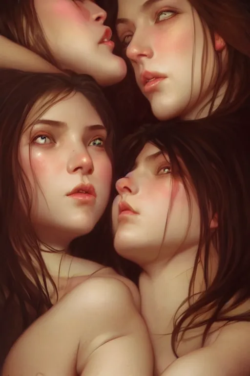 Image similar to two cute college girls rolling hard on ecstasy and glistening with sweat and intertwined on the bed with dilated pupils, realistic portrait, highly detailed, digital painting, artstation, concept art, smooth, sharp focus, illustration, cinematic lighting, art by artgerm and greg rutkowski and alphonse mucha