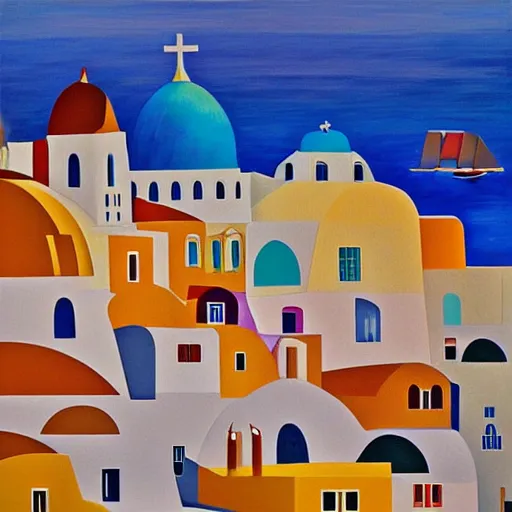 Prompt: cubism art print painting of Santorini, by Aniko Hencz, gauche painting, classical painting, high definition, digital art,