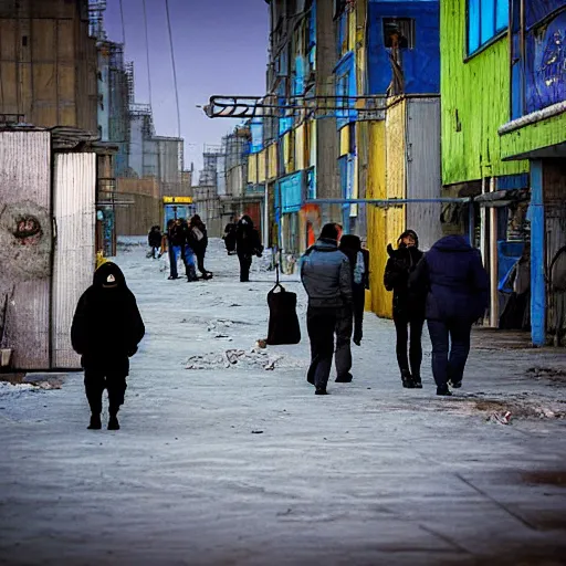 Image similar to people are walking past plasmacraft, back from work in a Russian cyberpunk slum city called Neo Norilsk on the Moon, black sky with Milky Way, bright sun, diverse, lively, black sky full of stars, blinding bright sun, sci-fi, lots of flying cars, levitation, cyberpunk outfits, photorealistic, grainy, 35mm, intricate, very very beautiful, elegant, smooth, cinematic, Unreal Engine 5, by Beeple, trending on Artstation HD