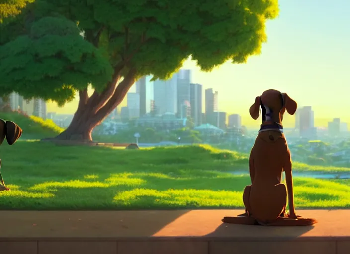 Image similar to a wholesome animation key shot of a brown vizsla dog wearing a green sweater, adelaide city in the background, studio ghibli, pixar and disney animation, sharp, rendered in unreal engine 5, anime key art by greg rutkowski, bloom, dramatic lighting