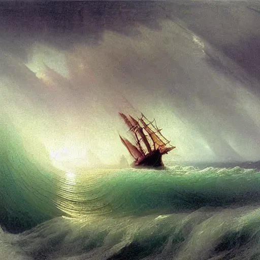 Image similar to the drawing depicts a huge wave about to crash down on three small boats. the boats are filled with people, and they all look terrified. catholicpunk by ivan aivazovsky curvaceous, ornamented