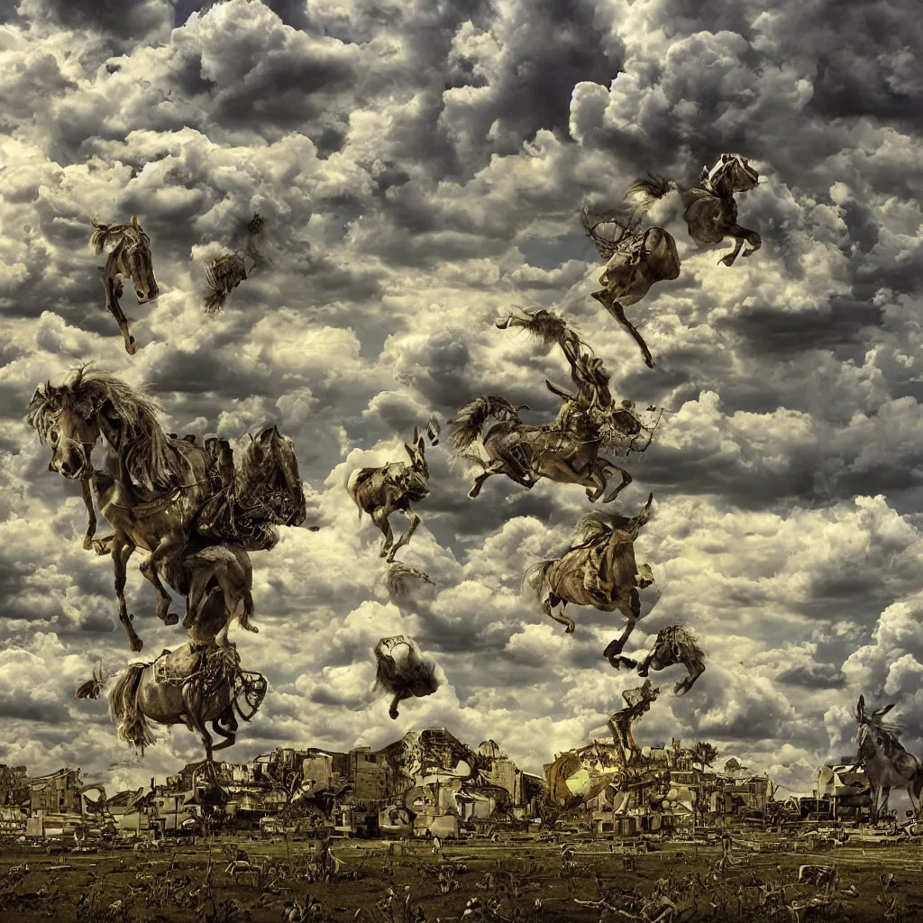 Image similar to mule, apocalypse, surreal, trippy, highly detailed digital art, clouds, limes, serene