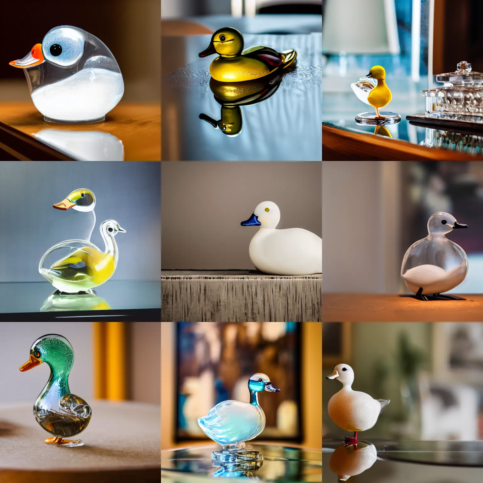 Prompt: a close up photo of a clear glass duck on a table, a painting in the background, professional photography, sigma 2 4 mm f / 8