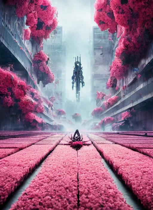 Prompt: A dystopian future in a city made up of the most incredible flowers ever seen, evil, demonic, angelic, flowers, nature, city, environment concept, cinematic, Rendered in Octane, trending on artstation, cgsociety, moody lighting rendered by octane engine, environment 8K artstation, cinematic lighting, intricate details, 8k detail post processing, hyperealistic, octane render, photo realism, visually inspired by Blade Runner 2049