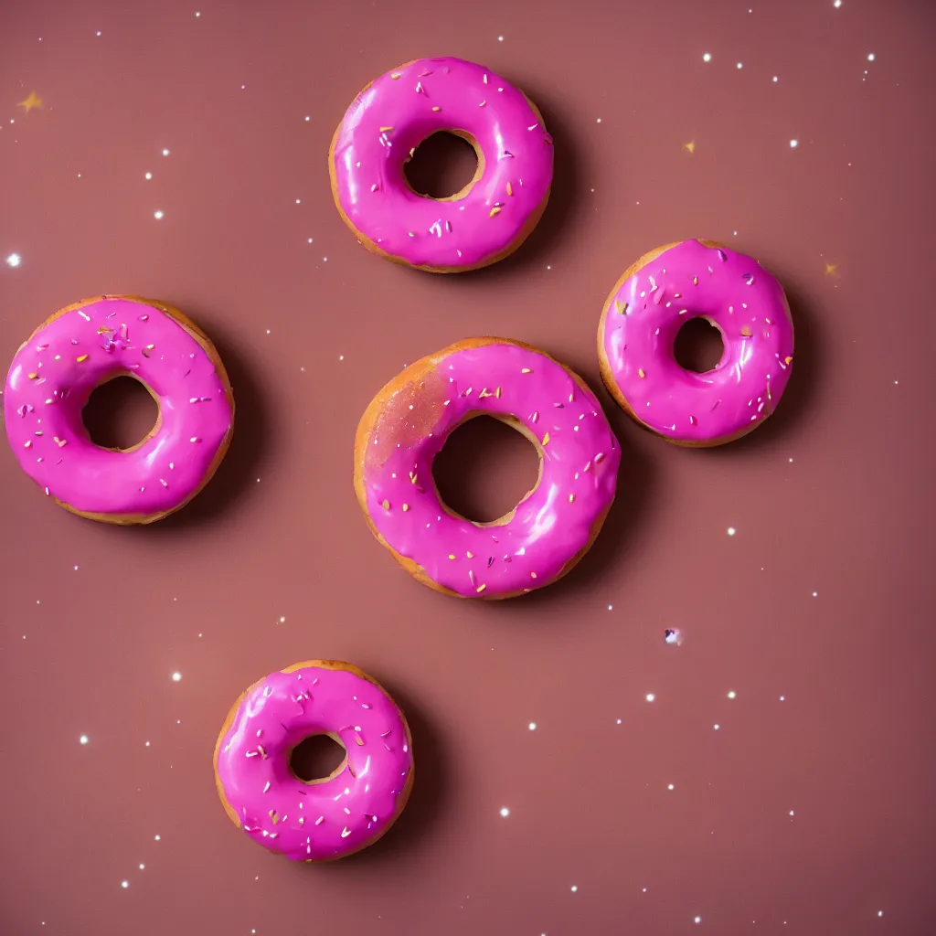 Prompt: Big donut with pink glaze floating in outer space, 35mm photograph,