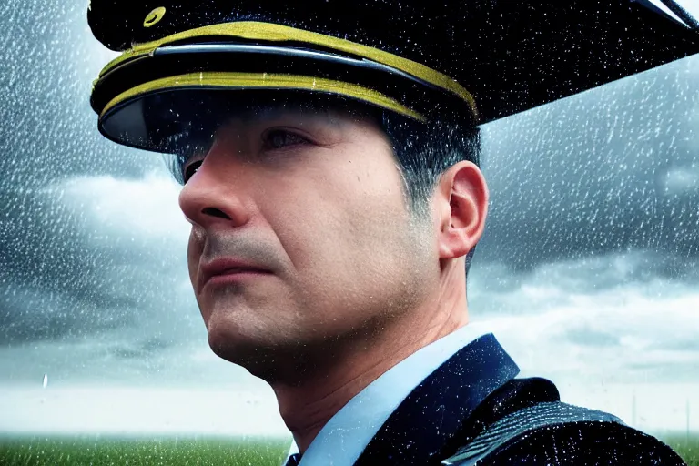 Image similar to an ultra realistic, cinematic, headshot portrait, of an airline pilot, wind, facial features, background of a vast serene airspace, with clouds and rain, detailed, deep focus, movie still, dramatic lighting, ray tracing, by michal karcz and yoshitaka amano