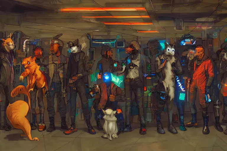 Image similar to high - resolution photograph from a cyberpunk era furry fandom convention ( midwest furfest 2 0 4 7 ), taking place after the genetic revolution and quantum singularity. photorealistic.