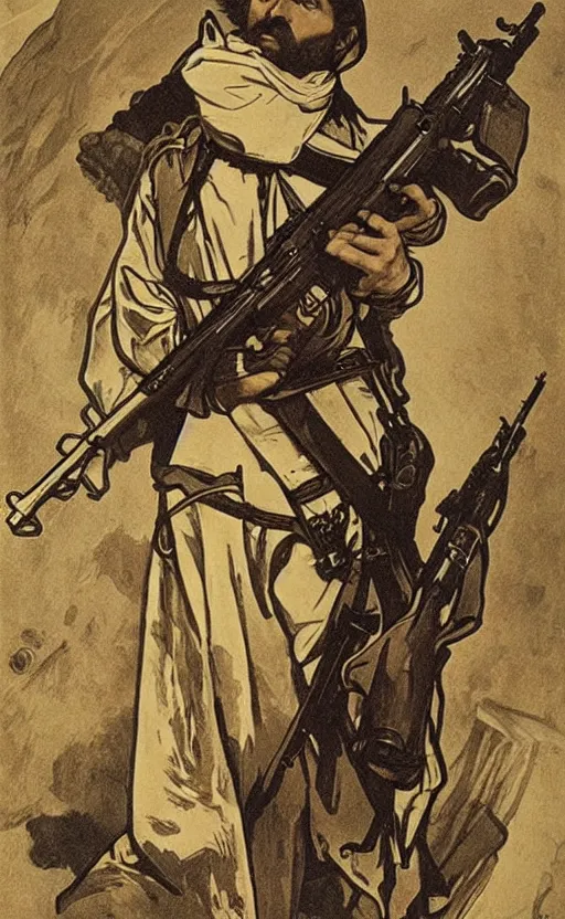 Image similar to portrait of John Brown holding a rifle, lithograph by Alphonse Mucha