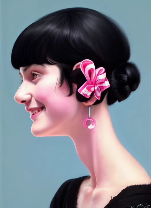 Image similar to portrait of teenage girl, realistic, black hair, bangs, half updo hairstyle, pointy nose, skinny, smile, ugly, defined jawline, big chin, pink hair bow, earrings, intricate, elegant, glowing lights, highly detailed, digital painting, artstation, sharp focus, illustration, art by wlop, mars ravelo and greg rutkowski