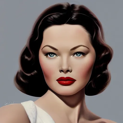 Image similar to young beautiful Gene Tierney color studio publicity photo , tight face shot portrait, highly detailed, digital painting, artstation, concept art, illustration, art , by graydon parrish